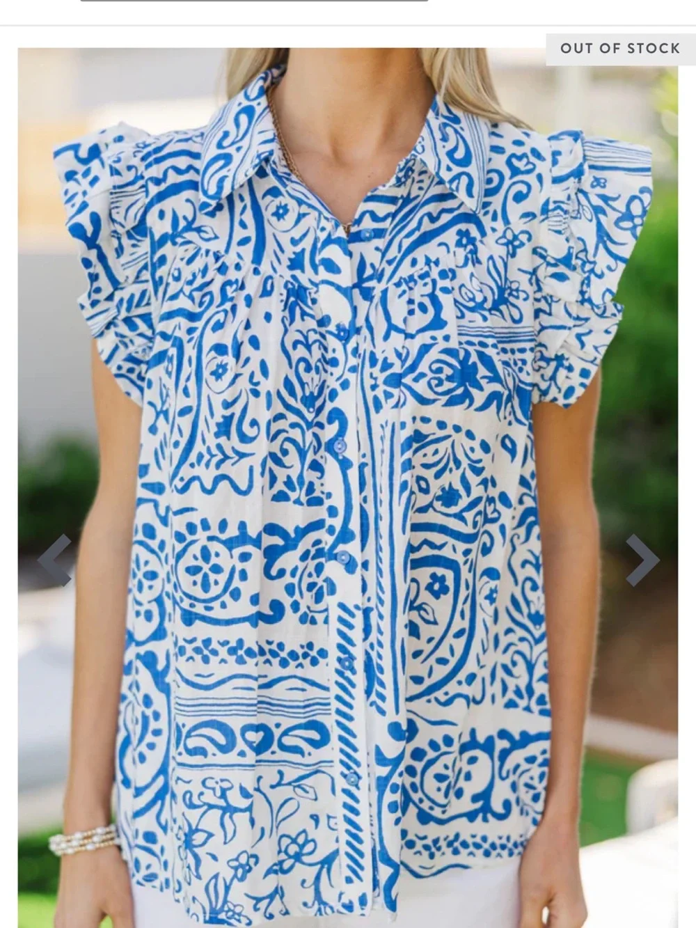Umgee Blue & White Ruffle-Sleeve Button Front Top - Picture 1 of 3